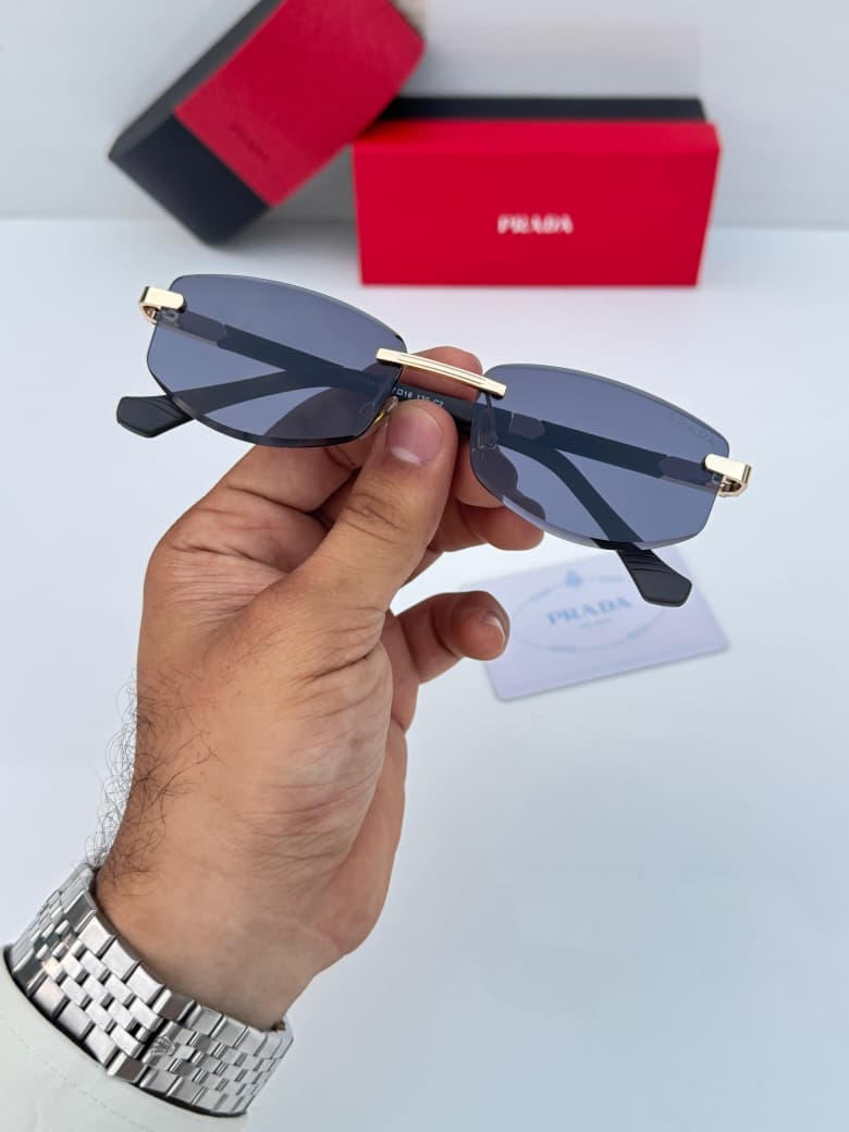 Prada Unisex Black Rimless Rectangle UV Protected Sunglasses
