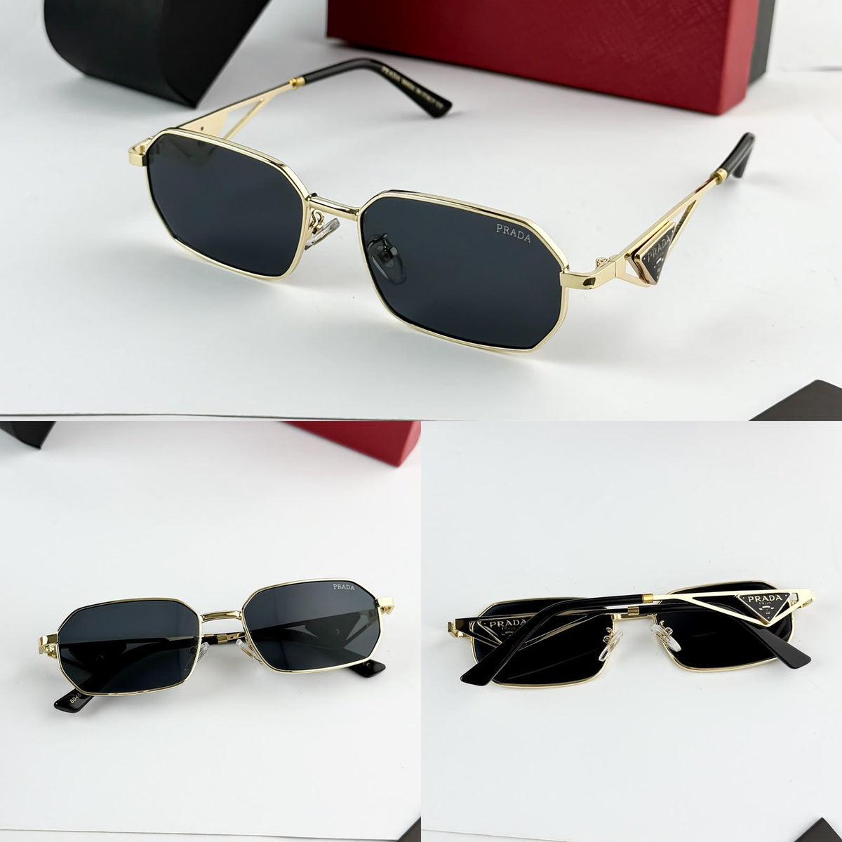 Prada Geometric Gold Black Unisex Sunglasses
