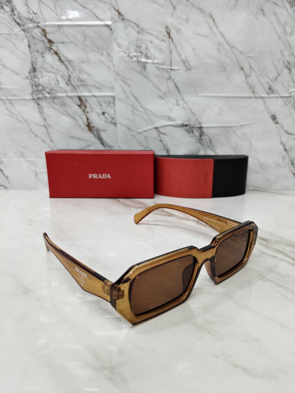 Prada Rectangle Plastic Full Rim Brown Women Sunglasses
