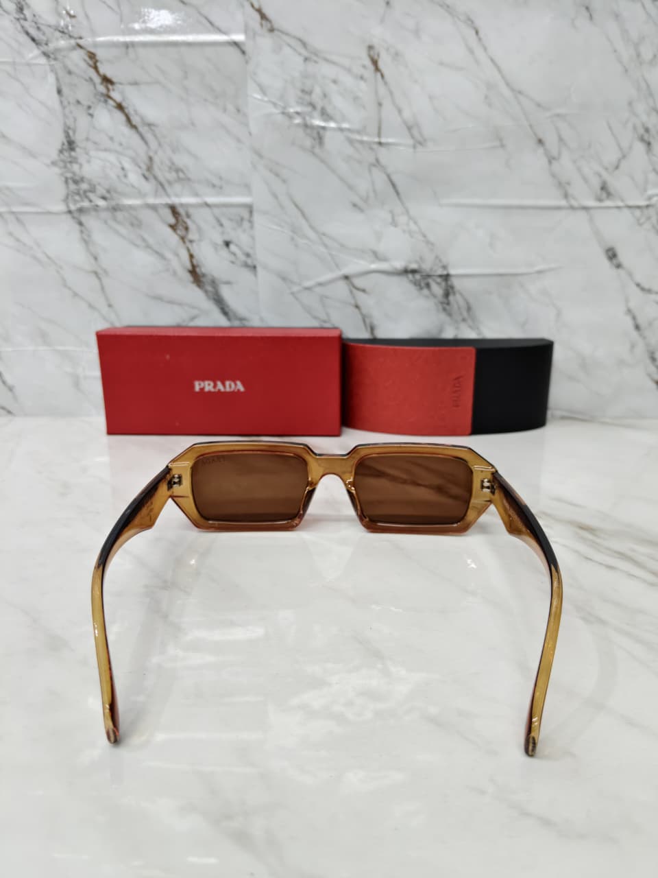 Prada Rectangle Plastic Full Rim Brown Women Sunglasses