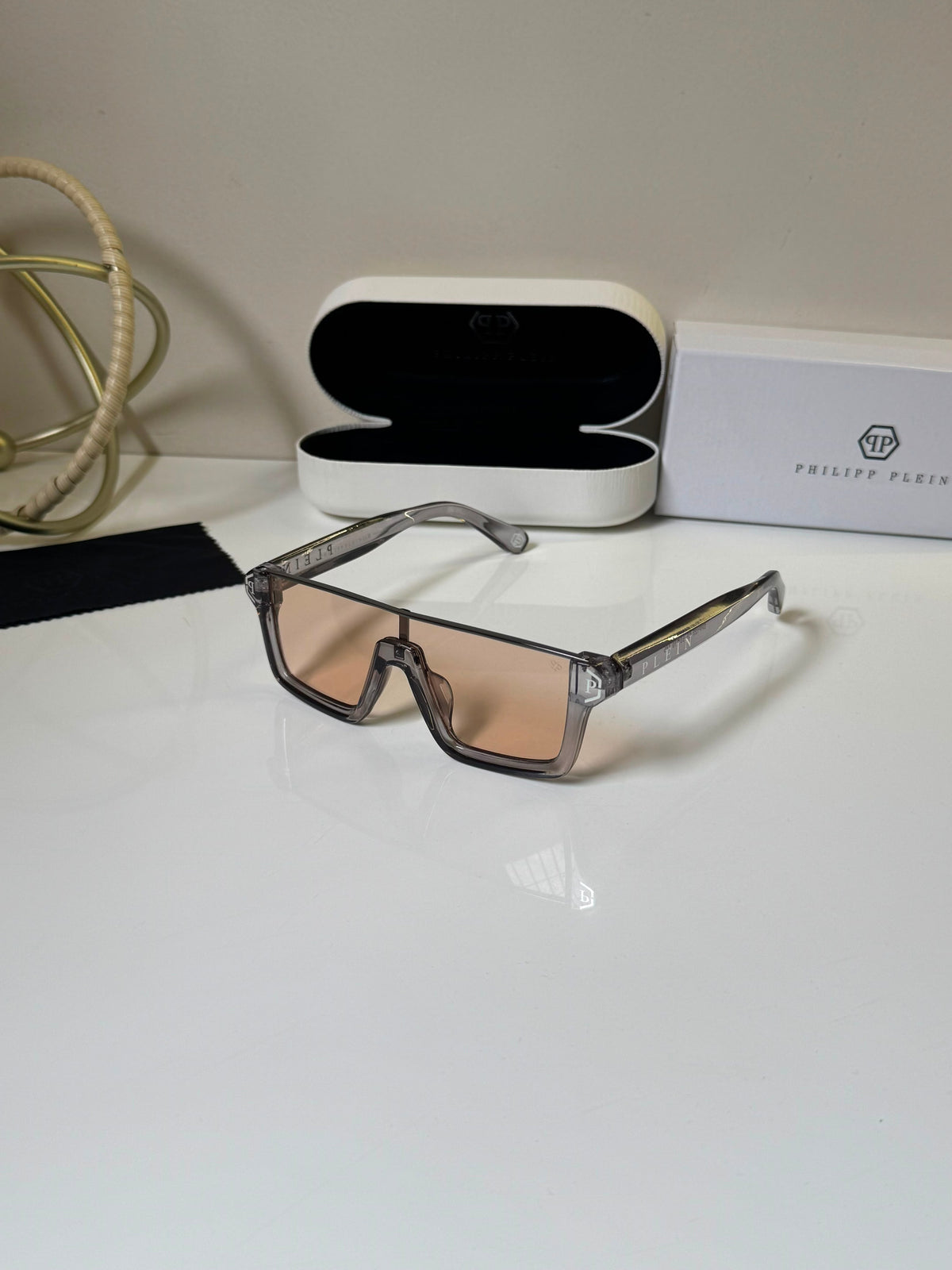 Philipp Plein Square Oversized Sunglasses Light Brown Vintage Big Frame Unisex