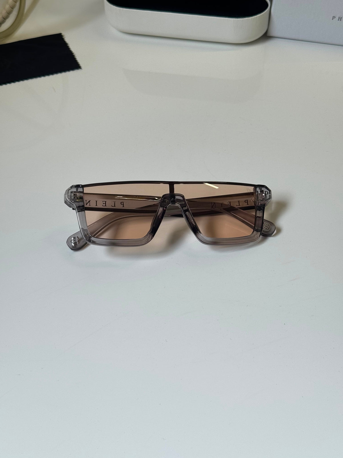 Philipp Plein Square Oversized Sunglasses Light Brown Vintage Big Frame Unisex